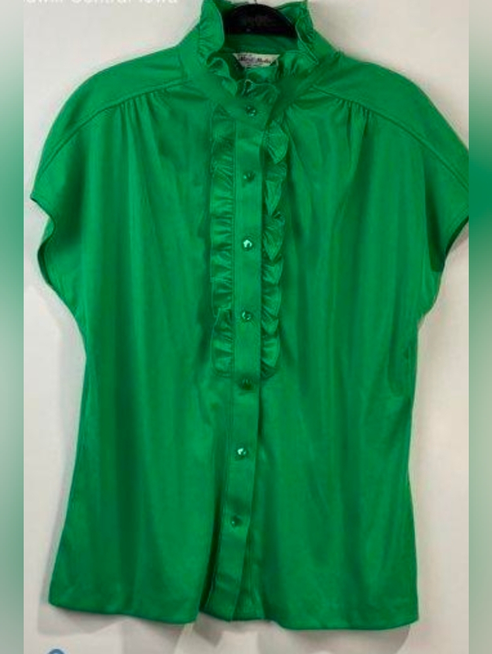 VINTAGE 70's Mardi Modes Women’s Green Ruffle-Front Button Blouse Sz 16